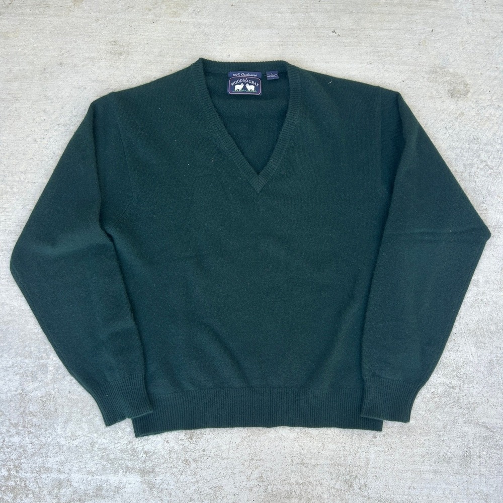 Woods & Gray Cashmere Sweater Large Green V-Neck Vintage Soft Knit Pullover Mens